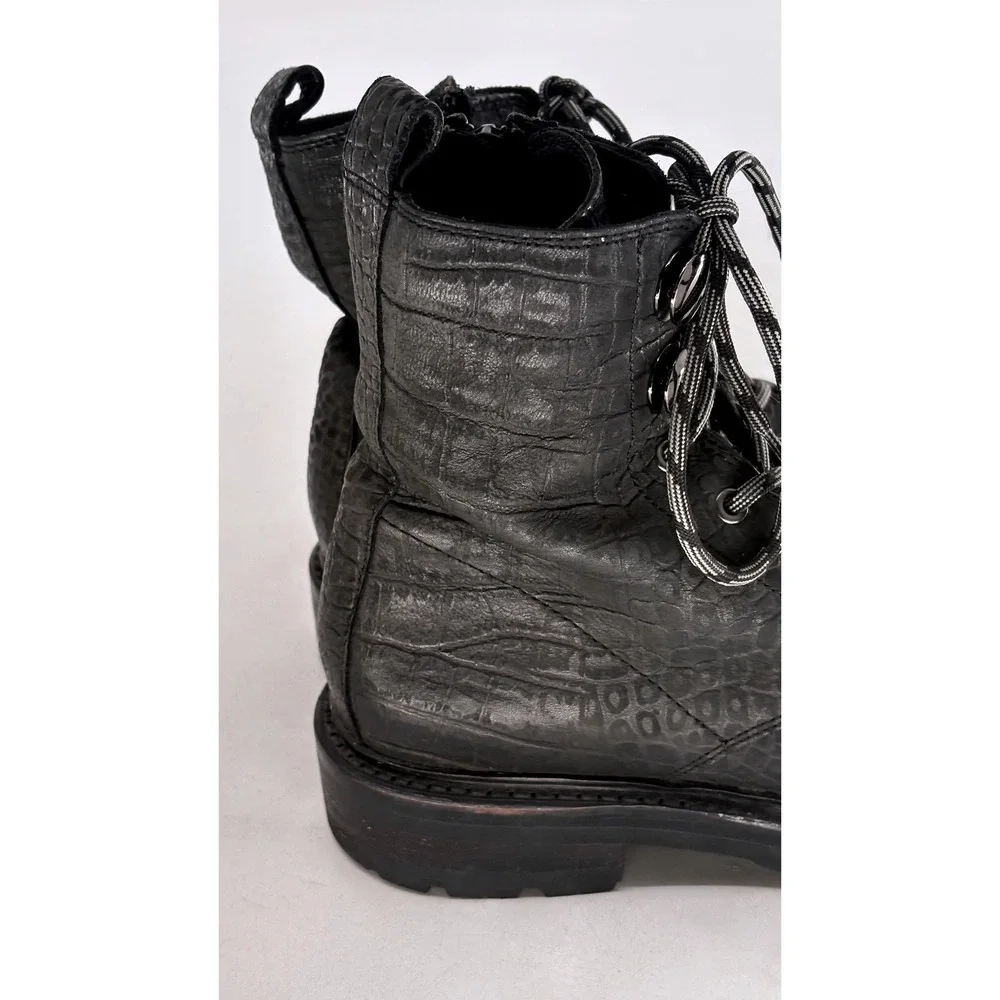 Frye Boots Combat‎ Julie Hook Crocodile Embossed Women 5.5 Black Leather Lace Up